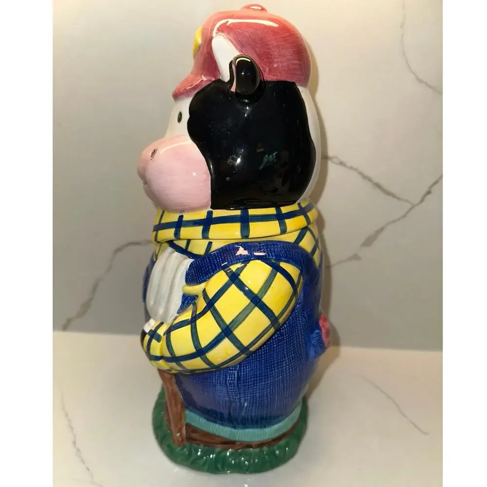 Rare Vintage Hank Holstein Farmer Cow Cookie Jar Yellow Plaid Chicken